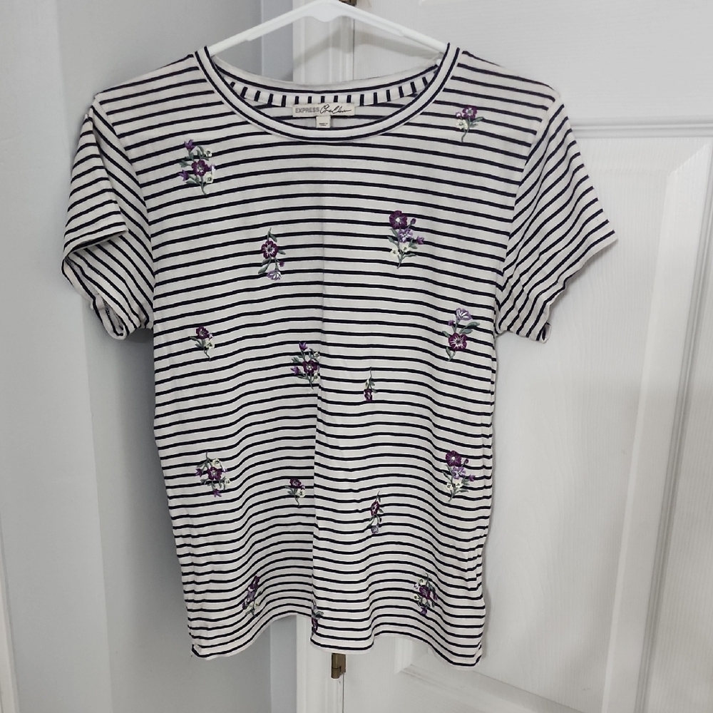 Express Black and White Striped Tee with Purple Floral Accents